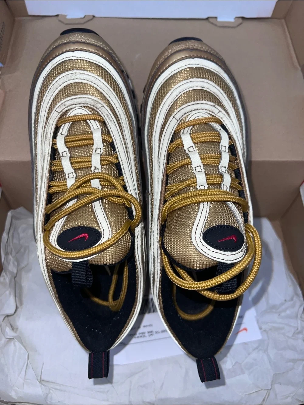 Nike Air Max 97 Gold White Black with Red Swoosh